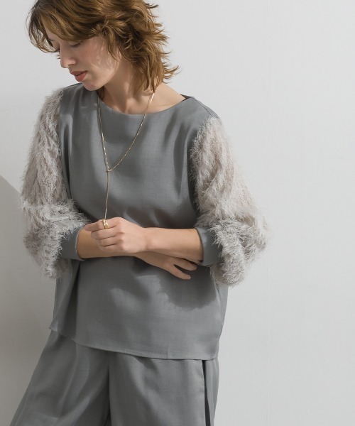Material(Avenue)(マテリアル)の「【Material】サージ×フリンジジャガード 袖切替 バックジップ プルオーバーブラウス セットアップ可(シャツ/ブラウス・レディース・ブラック/ダークブラウン/杢グレー・FREE)」の7枚目の写真
