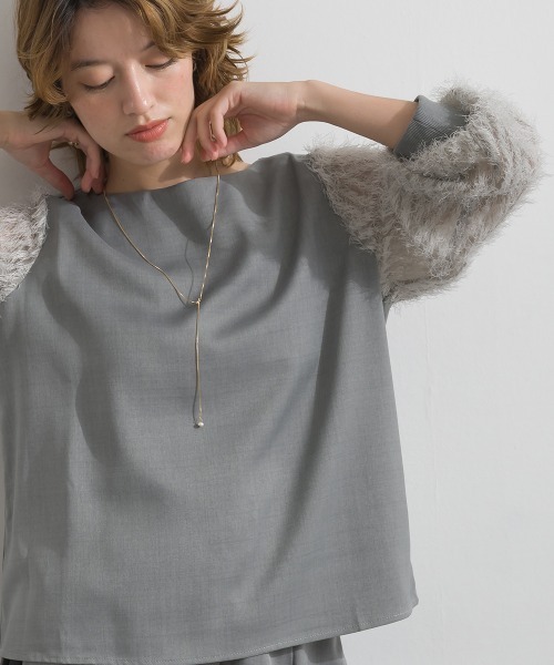 Material(Avenue)(マテリアル)の「【Material】サージ×フリンジジャガード 袖切替 バックジップ プルオーバーブラウス セットアップ可(シャツ/ブラウス・レディース・ブラック/ダークブラウン/杢グレー・FREE)」の8枚目の写真