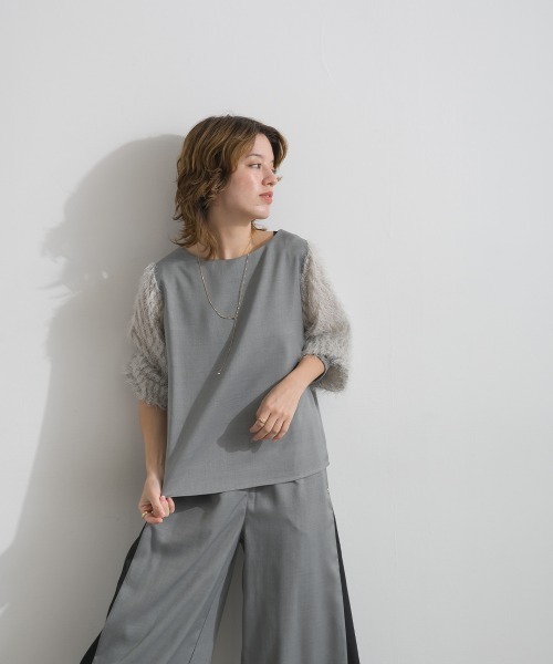 Material(Avenue)(マテリアル)の「【Material】サージ×フリンジジャガード 袖切替 バックジップ プルオーバーブラウス セットアップ可(シャツ/ブラウス・レディース・ブラック/ダークブラウン/杢グレー・FREE)」の9枚目の写真