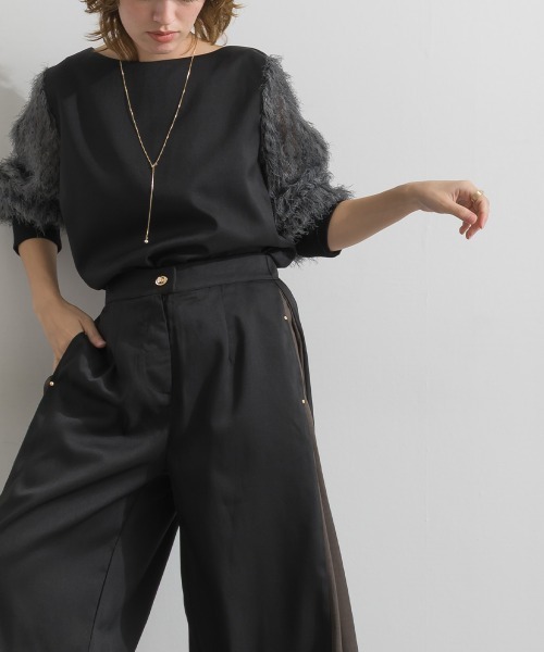 Material(Avenue)(マテリアル)の「【Material】サージ×フリンジジャガード 袖切替 バックジップ プルオーバーブラウス セットアップ可(シャツ/ブラウス・レディース・ブラック/ダークブラウン/杢グレー・FREE)」の16枚目の写真