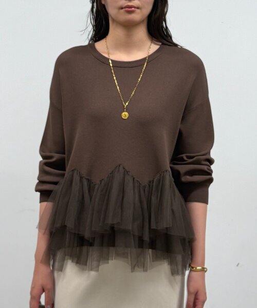 LOUNGEDRESS(ラウンジドレス)の「《1枚で主役級/洗える》裾チュールニット 秋服(ニット/セーター・レディース・ブラウン/ブラック/オフホワイト・FREE)」の3枚目の写真