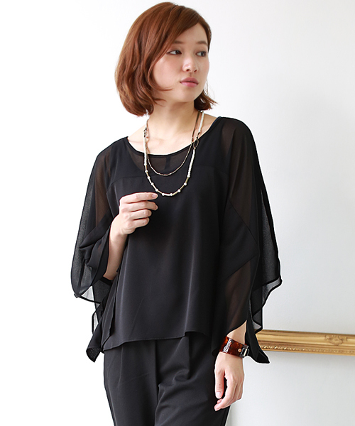 REAL CUBE(リアルキューブ)の「REAL CUBE Wリボンポンチョスリーブトップス(Tシャツ/カットソー・レディース・ブラック/ネイビー/キャメル・38)」の2枚目の写真