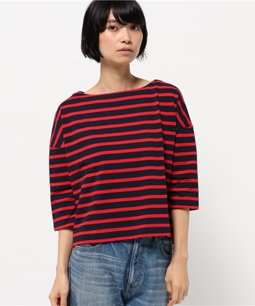 earth music&ecology(アースミュージックアンドエコロジー)の「【2016Autumn】ドロップショルダーボーダーカットプルオーバー(Tシャツ/カットソー・レディース・ネイビー/アイボリー/キャメル・FREE)」の1枚目の写真