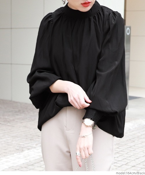 coca（coca）（コカ）の「スタンドカラーバルーンスリーブブラウス（シャツ/ブラウス・レディース・ブラック/ベージュ・ONE SIZE）」の14枚目の写真