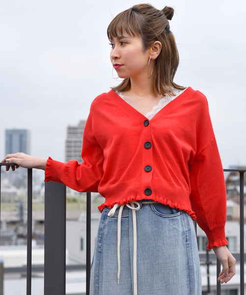 w closet(ダブルクローゼット)の「リネン混Vネックフリルカーディガン(カーディガン/ボレロ・レディース・ホワイト/グリーン/オレンジ/ブラック・FREE)」の4枚目の写真