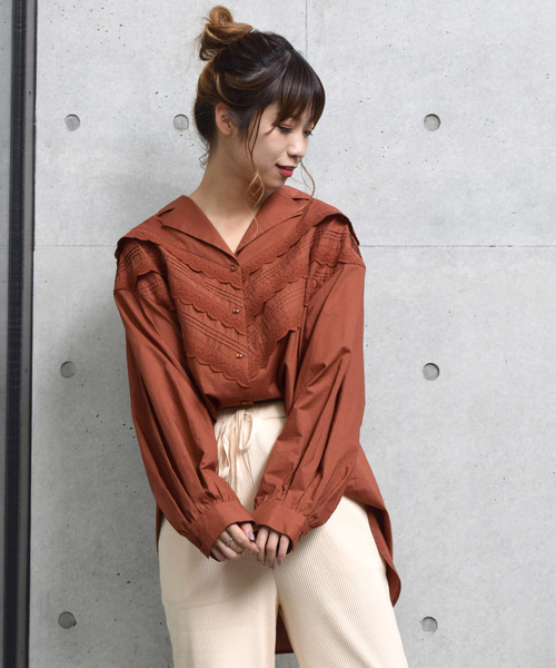 w closet（ダブルクローゼット）の「ピンタックレース開襟ビッグシャツ_（シャツ/ブラウス・レディース・ホワイト/ブラウン/パープル/カーキ・FREE）」の3枚目の写真