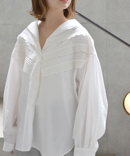 w closet（ダブルクローゼット）の「ピンタックレース開襟ビッグシャツ_（シャツ/ブラウス・レディース・ホワイト/ブラウン/パープル/カーキ・FREE）」の2枚目の写真