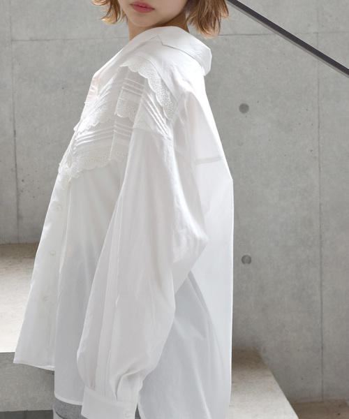 w closet（ダブルクローゼット）の「ピンタックレース開襟ビッグシャツ_（シャツ/ブラウス・レディース・ホワイト/ブラウン/パープル/カーキ・FREE）」の6枚目の写真