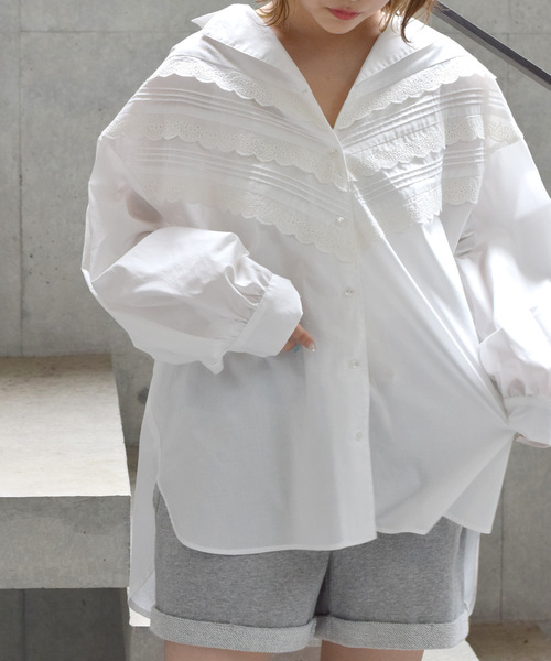 w closet（ダブルクローゼット）の「ピンタックレース開襟ビッグシャツ_（シャツ/ブラウス・レディース・ホワイト/ブラウン/パープル/カーキ・FREE）」の9枚目の写真