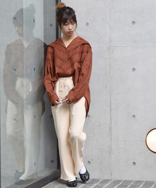 w closet（ダブルクローゼット）の「ピンタックレース開襟ビッグシャツ_（シャツ/ブラウス・レディース・ホワイト/ブラウン/パープル/カーキ・FREE）」の11枚目の写真