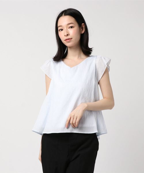 TRUDEA(トルディア)の「ソフトVネック フレンチスリーブブラウス(シャツ/ブラウス・レディース・イエロー/ホワイト×ブルー/ベージュ/ラベンダー/ホワイト系その他/ホワイト/ブルー/ホワイト×ブラック・MEDIUM/LARGE/SMALL)」の18枚目の写真