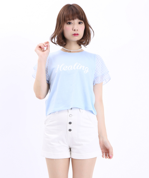 WEGO（ウィゴー）の「WEGO/ギンガムチェックスリーブTシャツ（Tシャツ/カットソー・レディース・ホワイト/ブラック/サックスブルー/レッド・FREE）」の3枚目の写真