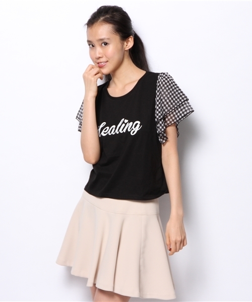 WEGO（ウィゴー）の「WEGO/ギンガムチェックスリーブTシャツ（Tシャツ/カットソー・レディース・ホワイト/ブラック/サックスブルー/レッド・FREE）」の12枚目の写真