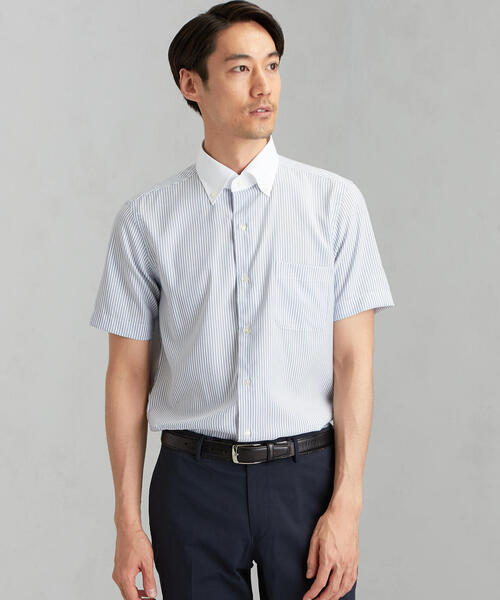 green label relaxing（グリーンレーベルリラクシング）の「A PLUSｽﾘﾑ ﾅﾛｰ ストライプ SBDｸﾚﾘｯｸ 半袖 シャツ ＜機能性生地 / 吸水速乾＞（シャツ/ブラウス・メンズ・コバルトブルー/ライム・MEDIUM/LARGE/X-LARGE/SMALL）」の2枚目の写真