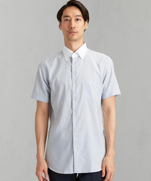 green label relaxing（グリーンレーベルリラクシング）の「A PLUSｽﾘﾑ ﾅﾛｰ ストライプ SBDｸﾚﾘｯｸ 半袖 シャツ ＜機能性生地 / 吸水速乾＞（シャツ/ブラウス・メンズ・コバルトブルー/ライム・MEDIUM/LARGE/X-LARGE/SMALL）」の4枚目の写真
