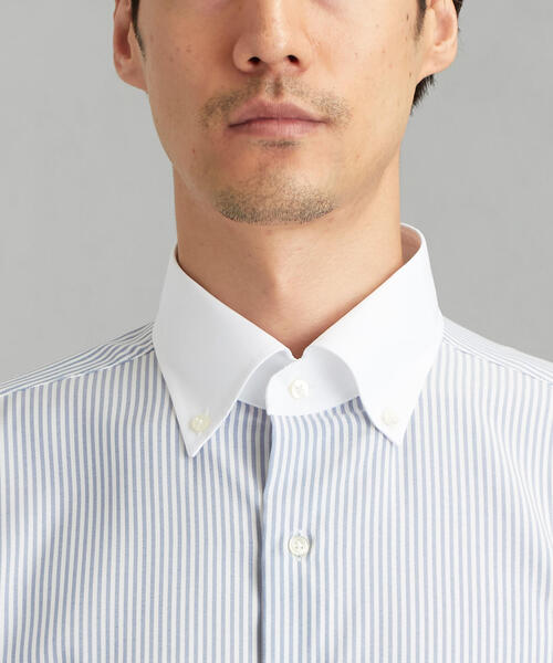 green label relaxing（グリーンレーベルリラクシング）の「A PLUSｽﾘﾑ ﾅﾛｰ ストライプ SBDｸﾚﾘｯｸ 半袖 シャツ ＜機能性生地 / 吸水速乾＞（シャツ/ブラウス・メンズ・コバルトブルー/ライム・MEDIUM/LARGE/X-LARGE/SMALL）」の6枚目の写真