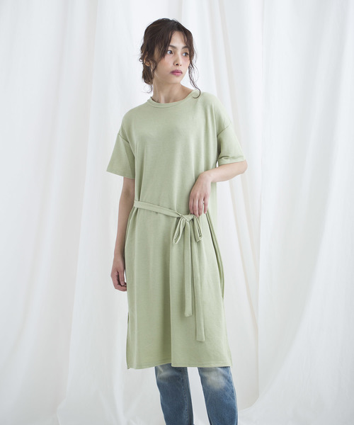 LUGG NAGG(ラグナグ)の「【Jewelobe/ ジュエローブ】 ウエストリボンロングTシャツ(ワンピース・レディース・ブラック/イエロー/オレンジ/グリーン・FREE)」の1枚目の写真