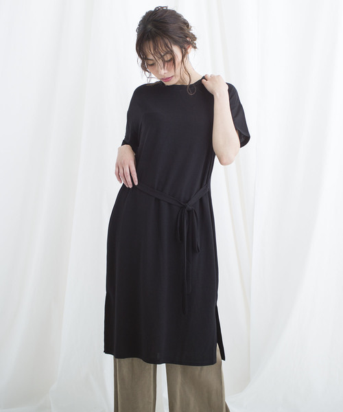 LUGG NAGG(ラグナグ)の「【Jewelobe/ ジュエローブ】 ウエストリボンロングTシャツ(ワンピース・レディース・ブラック/イエロー/オレンジ/グリーン・FREE)」の3枚目の写真