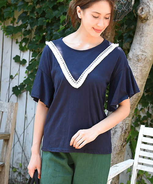 Luz Llena（ラズレナ）の「ボヘミアンデザインTシャツ（Tシャツ/カットソー・レディース・オフホワイト/ネイビー・MEDIUM）」の2枚目の写真