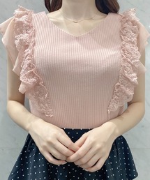 レース袖バックリボントップス