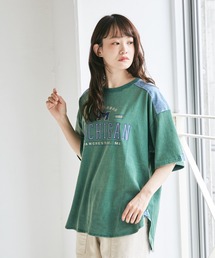 CUBE SUGAR（キューブシュガー）の「天竺 パウダー加工 デニム切替 ビッグTシャツ（Tシャツ/カットソー）」