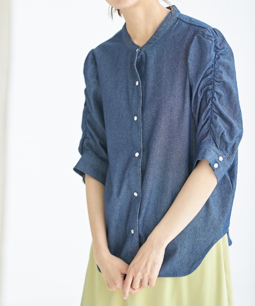袖シャーリング使いデニムシャツ