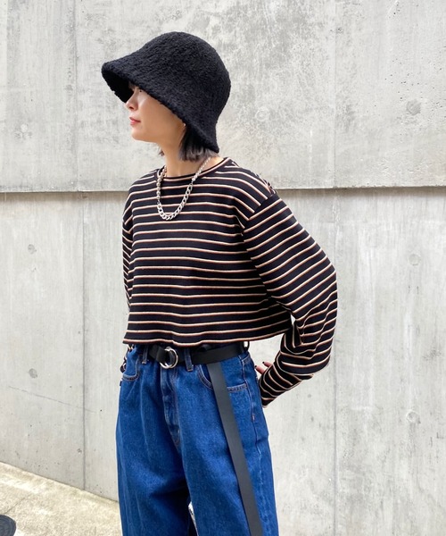 WHO'S WHO gallery（フーズフーギャラリー）の「ボーダーコンパクトトップス（Tシャツ/カットソー・レディース・ブラック/ベージュ/ブラウン/オフホワイト・FREE）」の6枚目の写真