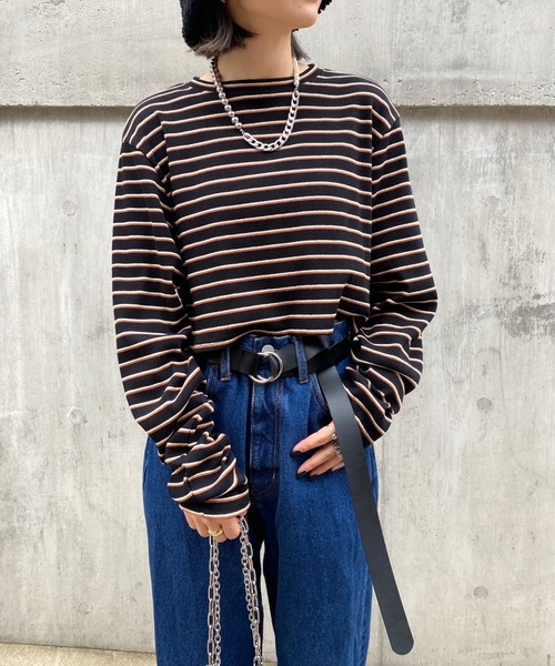 WHO'S WHO gallery（フーズフーギャラリー）の「ボーダーコンパクトトップス（Tシャツ/カットソー・レディース・ブラック/ベージュ/ブラウン/オフホワイト・FREE）」の7枚目の写真