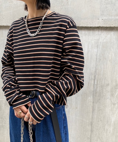 WHO'S WHO gallery（フーズフーギャラリー）の「ボーダーコンパクトトップス（Tシャツ/カットソー・レディース・ブラック/ベージュ/ブラウン/オフホワイト・FREE）」の8枚目の写真