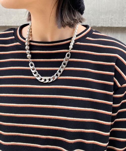 WHO'S WHO gallery（フーズフーギャラリー）の「ボーダーコンパクトトップス（Tシャツ/カットソー・レディース・ブラック/ベージュ/ブラウン/オフホワイト・FREE）」の9枚目の写真