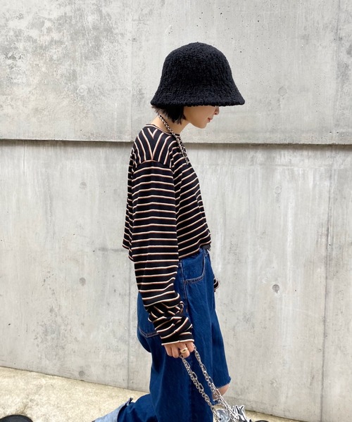 WHO'S WHO gallery（フーズフーギャラリー）の「ボーダーコンパクトトップス（Tシャツ/カットソー・レディース・ブラック/ベージュ/ブラウン/オフホワイト・FREE）」の10枚目の写真