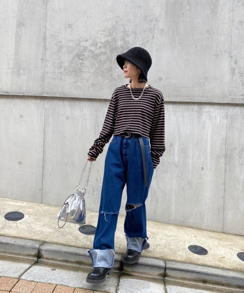 WHO'S WHO gallery（フーズフーギャラリー）の「ボーダーコンパクトトップス（Tシャツ/カットソー・レディース・ブラック/ベージュ/ブラウン/オフホワイト・FREE）」の12枚目の写真