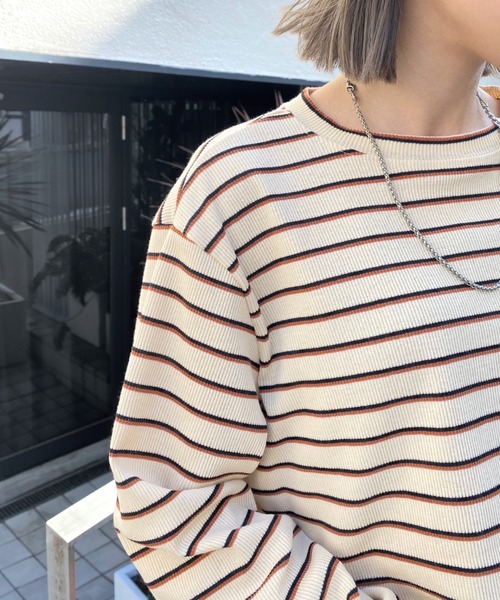 WHO'S WHO gallery（フーズフーギャラリー）の「ボーダーコンパクトトップス（Tシャツ/カットソー・レディース・ブラック/ベージュ/ブラウン/オフホワイト・FREE）」の16枚目の写真