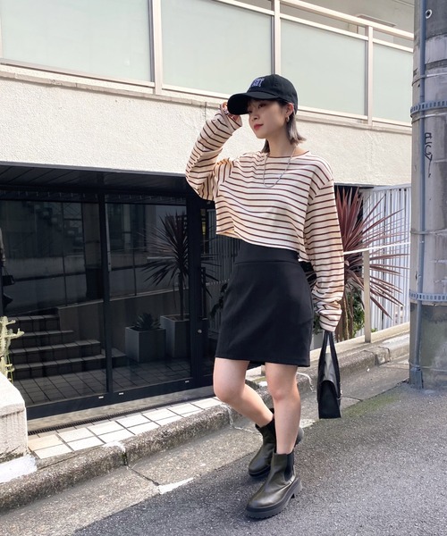 WHO'S WHO gallery（フーズフーギャラリー）の「ボーダーコンパクトトップス（Tシャツ/カットソー・レディース・ブラック/ベージュ/ブラウン/オフホワイト・FREE）」の18枚目の写真