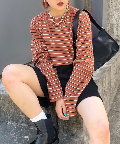 WHO'S WHO gallery（フーズフーギャラリー）の「ボーダーコンパクトトップス（Tシャツ/カットソー・レディース・ブラック/ベージュ/ブラウン/オフホワイト・FREE）」の21枚目の写真