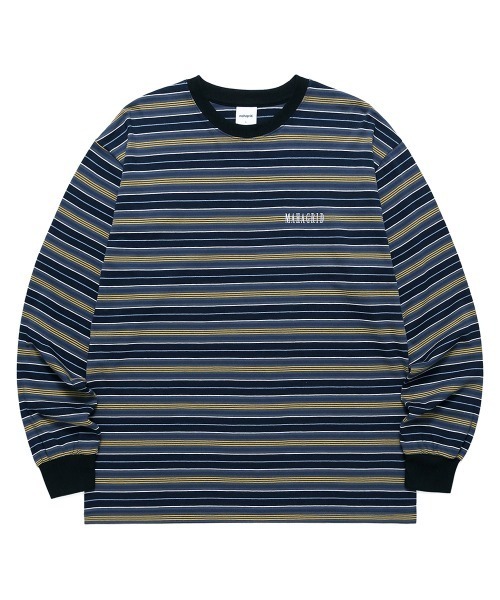 MAHAGRID（マハグリッド）の「【mahagrid】SERIF LOGO STRIPED LS TEE / マハグリッド セリフ ロゴ ストライプ ロングスリーブ Tシャツ（Tシャツ/カットソー・メンズ・ブラック/ネイビー/オリーブ・SMALL/MEDIUM/LARGE/X-LARGE）」の3枚目の写真