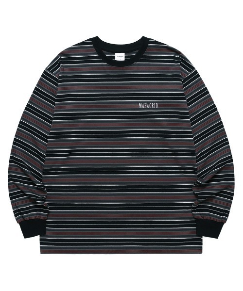 MAHAGRID（マハグリッド）の「【mahagrid】SERIF LOGO STRIPED LS TEE / マハグリッド セリフ ロゴ ストライプ ロングスリーブ Tシャツ（Tシャツ/カットソー・メンズ・ブラック/ネイビー/オリーブ・SMALL/MEDIUM/LARGE/X-LARGE）」の2枚目の写真