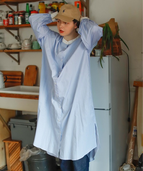 Birthday room（バースデイルーム）の「ストライプ配色ワンピース（シャツワンピース・レディース・ベージュ/レッド/ブルー/ネイビー・FREE）」の3枚目の写真