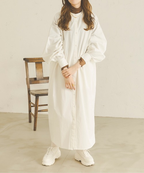 Ambre Neige(アンブルネージュ)の「袖ボリュームバンドカラーワンピース/【WEB/EC限定商品】(シャツワンピース・レディース・ダークブラウン/オフホワイト/ライトブラウン・FREE)」の20枚目の写真
