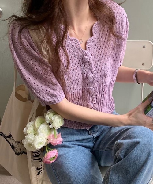 AMOUR BOX(アムールボックス)の「スカラップメッシュ編みカーディガン(カーディガン/ボレロ・レディース・グリーン/ホワイト/パープル/イエロー・FREE)」の4枚目の写真