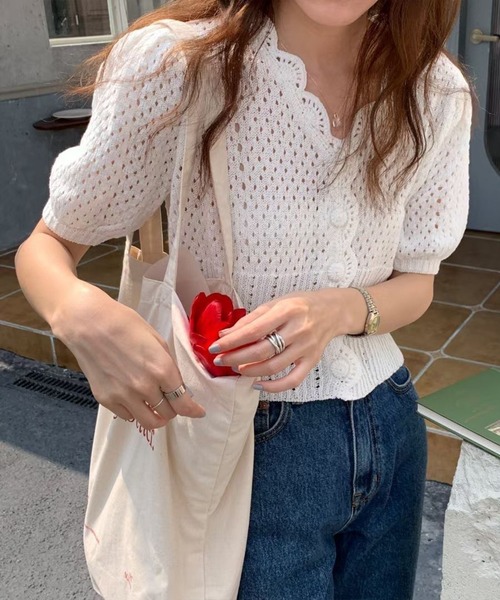 AMOUR BOX(アムールボックス)の「スカラップメッシュ編みカーディガン(カーディガン/ボレロ・レディース・グリーン/ホワイト/パープル/イエロー・FREE)」の2枚目の写真