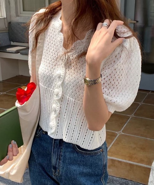 AMOUR BOX(アムールボックス)の「スカラップメッシュ編みカーディガン(カーディガン/ボレロ・レディース・グリーン/ホワイト/パープル/イエロー・FREE)」の5枚目の写真