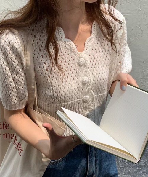 AMOUR BOX(アムールボックス)の「スカラップメッシュ編みカーディガン(カーディガン/ボレロ・レディース・グリーン/ホワイト/パープル/イエロー・FREE)」の6枚目の写真