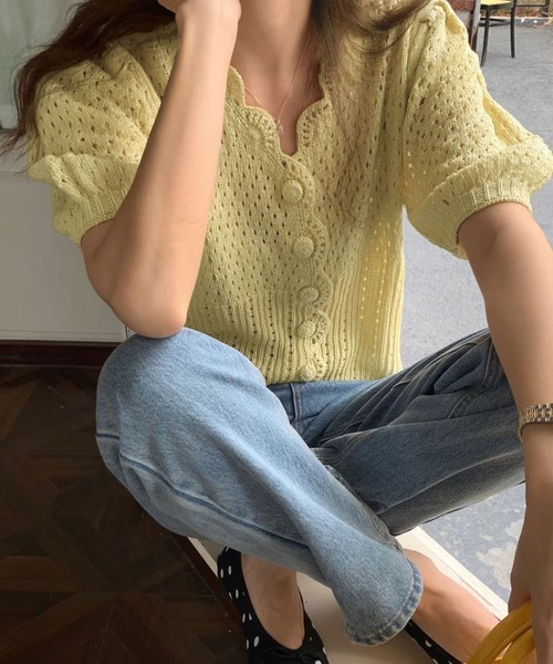 AMOUR BOX(アムールボックス)の「スカラップメッシュ編みカーディガン(カーディガン/ボレロ・レディース・グリーン/ホワイト/パープル/イエロー・FREE)」の7枚目の写真