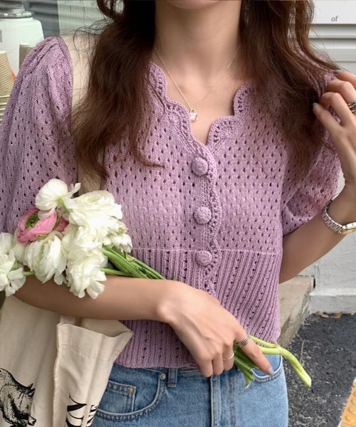 AMOUR BOX(アムールボックス)の「スカラップメッシュ編みカーディガン(カーディガン/ボレロ・レディース・グリーン/ホワイト/パープル/イエロー・FREE)」の8枚目の写真