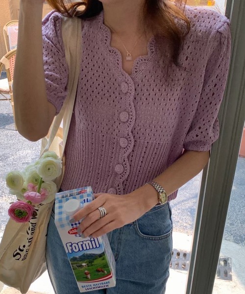 AMOUR BOX(アムールボックス)の「スカラップメッシュ編みカーディガン(カーディガン/ボレロ・レディース・グリーン/ホワイト/パープル/イエロー・FREE)」の9枚目の写真