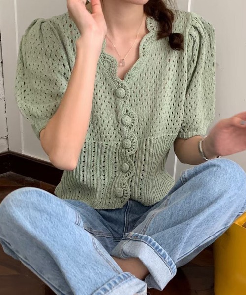 AMOUR BOX(アムールボックス)の「スカラップメッシュ編みカーディガン(カーディガン/ボレロ・レディース・グリーン/ホワイト/パープル/イエロー・FREE)」の10枚目の写真