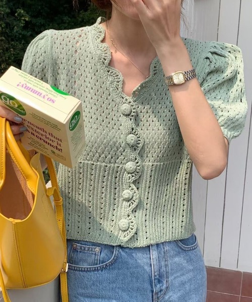 AMOUR BOX(アムールボックス)の「スカラップメッシュ編みカーディガン(カーディガン/ボレロ・レディース・グリーン/ホワイト/パープル/イエロー・FREE)」の11枚目の写真