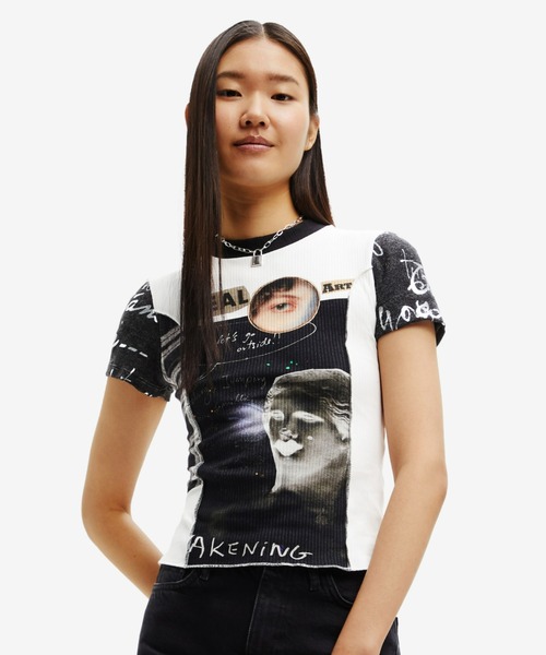 Desigual（デシグアル）の「Patchwork art graphic crop tee / パッチワークアートグラフィッククロップTシャツ（Tシャツ/カットソー・レディース・ホワイト・S/XS/M/L/XL）」の7枚目の写真