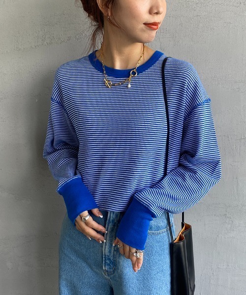 Healthknit（ヘルスニット）の「[HEALTHKNIT/ヘルスニット] 別注 ワッフルボーダー クルーネックTシャツ（Tシャツ/カットソー・レディース・ブルー/ブラウン/レッド系/ブラック/ネイビー/ライトブラウン/グリーン/レッド・F）」の6枚目の写真